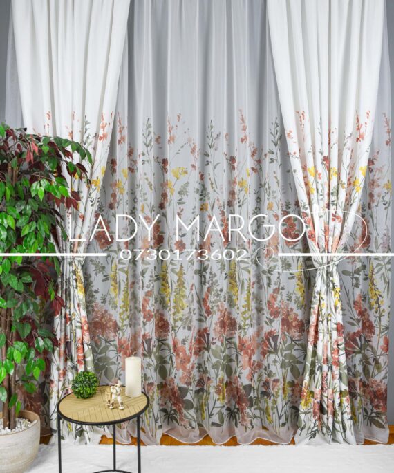 set perdea si draperie dormitor living flori galben caramiziu